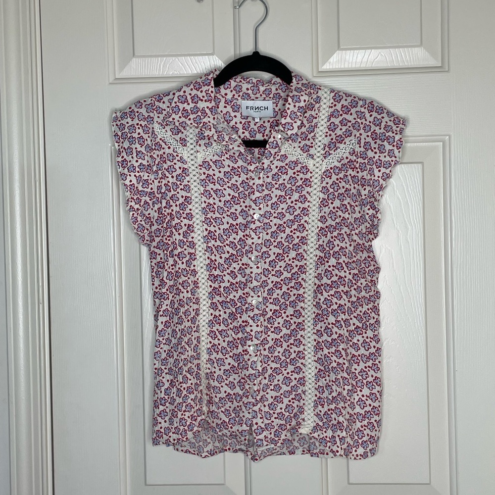 FRNCH Paris Red Floral Button-Down Blouse | Lace Trim Romantic French Chic | S